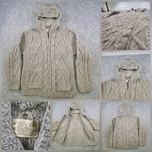 Native Knit Sweater Womens L? Gray 100% Wool Hooded Cable Knit Full Zip Chunky